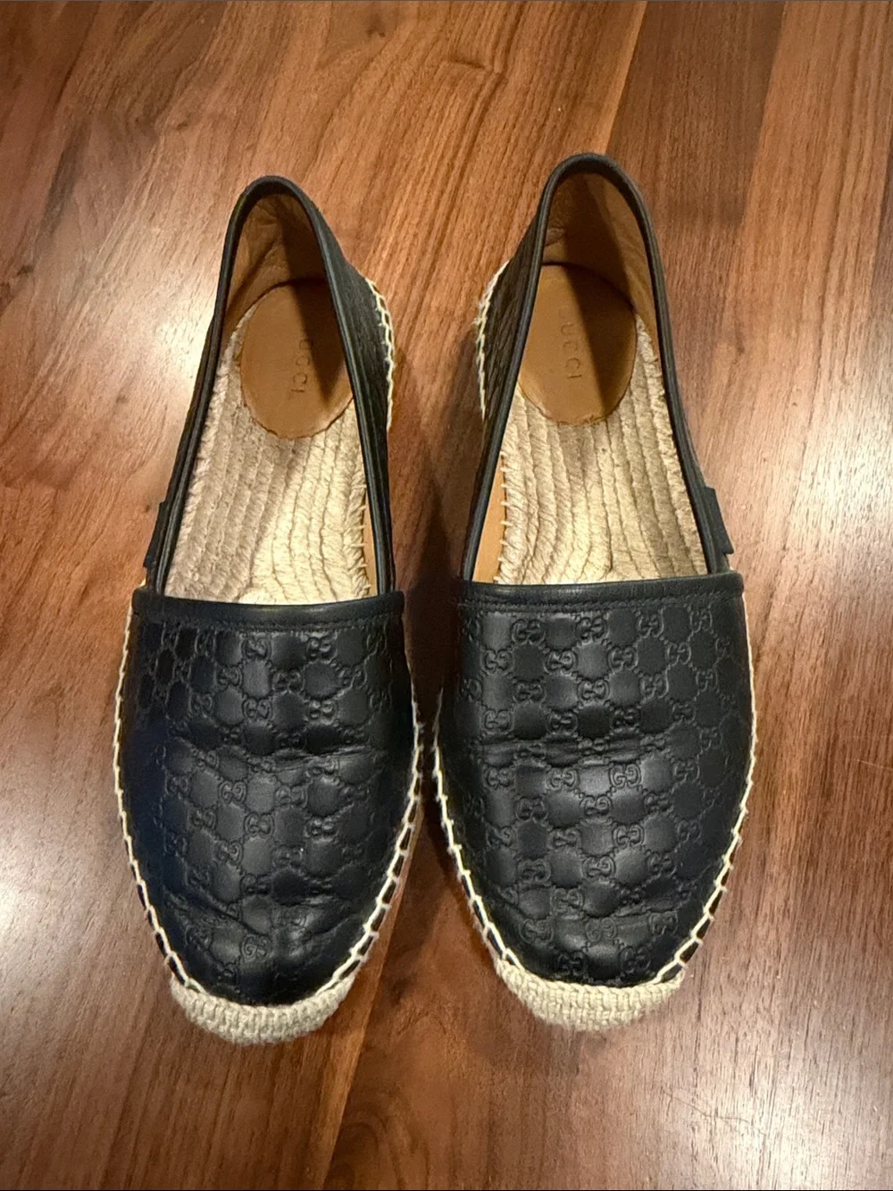 Gucci Black Embossed Leather Espadrille Slip-Ons 37.5